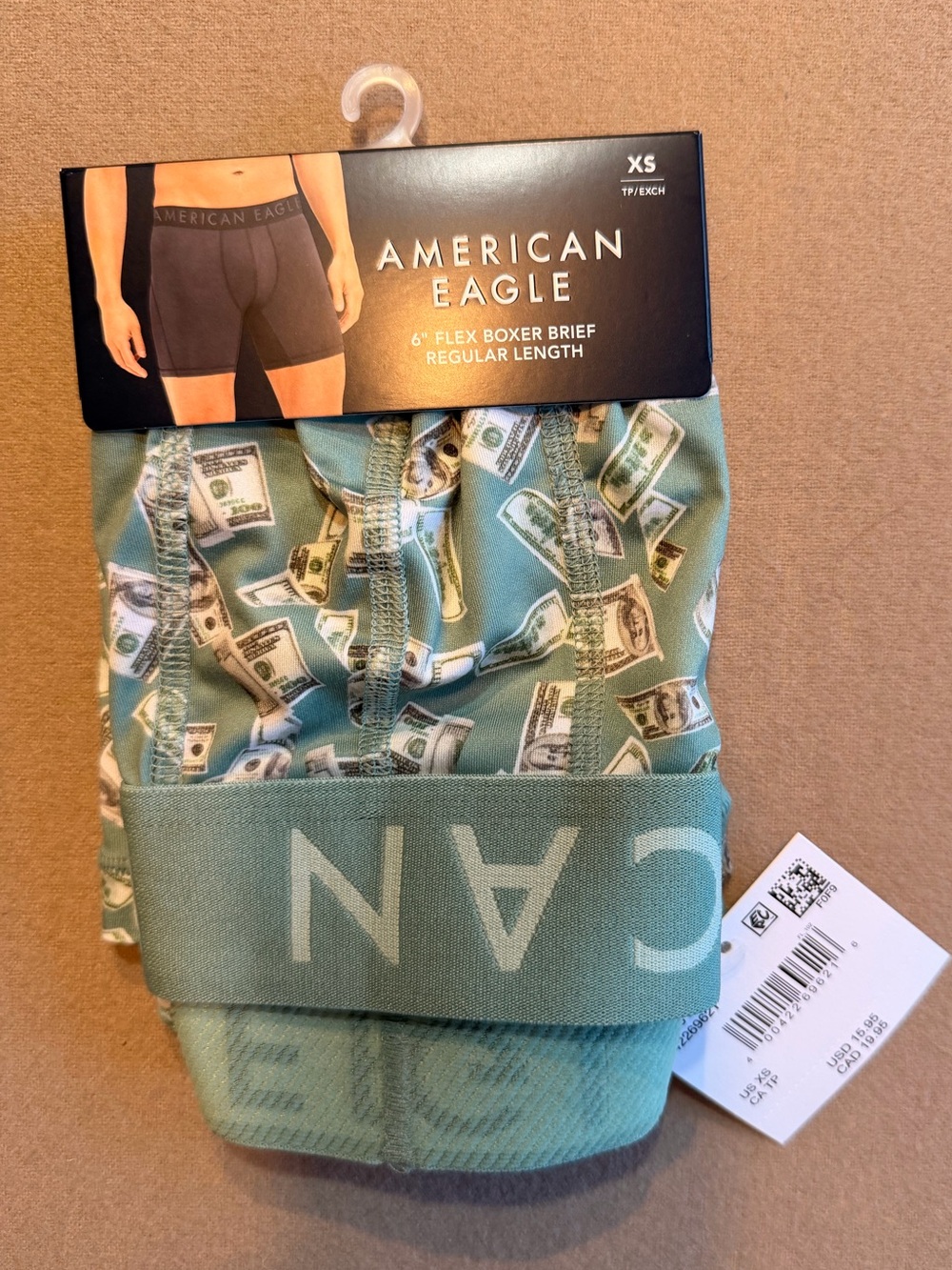 American Eagle Outfitters Men’s Mint Green Money-Print Boxer Briefs Size XS